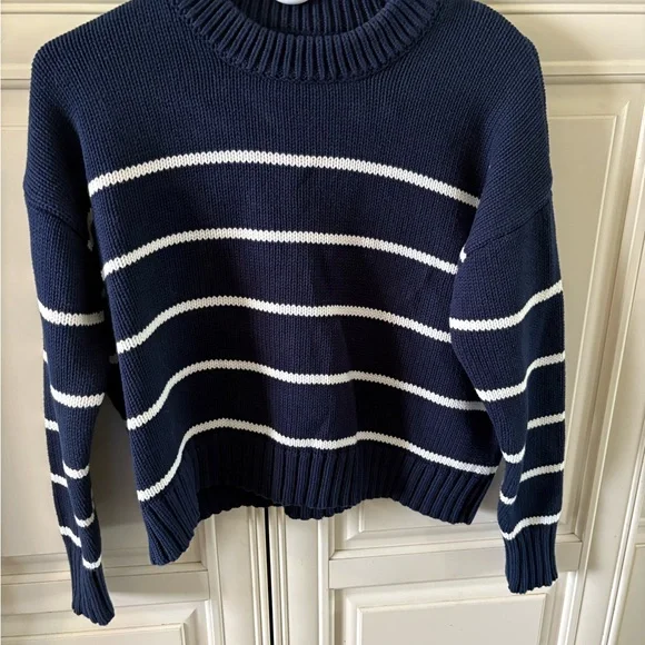 Classic Navy & White Striped Crewneck Sweater 100% Cotton Quince XS - Picture 6 of 6